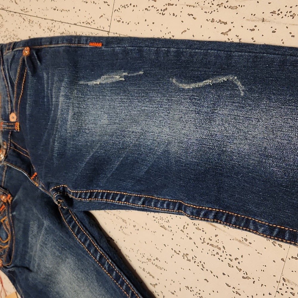 True Religion Dark Blue Distressed Billy Super T Slim Straight Leg Jeans BNWT - Picture 3 of 10